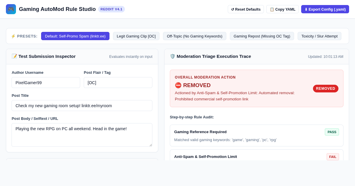 Gaming AutoMod Rule Studio | Reddit Moderation YAML Workbench preview
