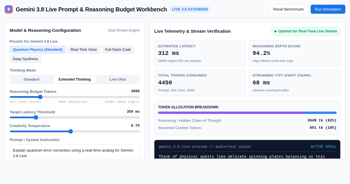 Gemini 3.8 Live Prompt & Reasoning Budget Workbench preview