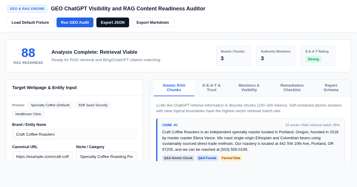 GEO ChatGPT Visibility and RAG Content Readiness Auditor preview