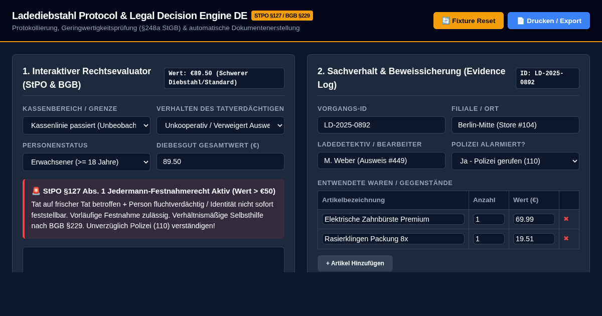 German Retail Loss Prevention Protocol Tool | Ladendiebstahl Manager preview