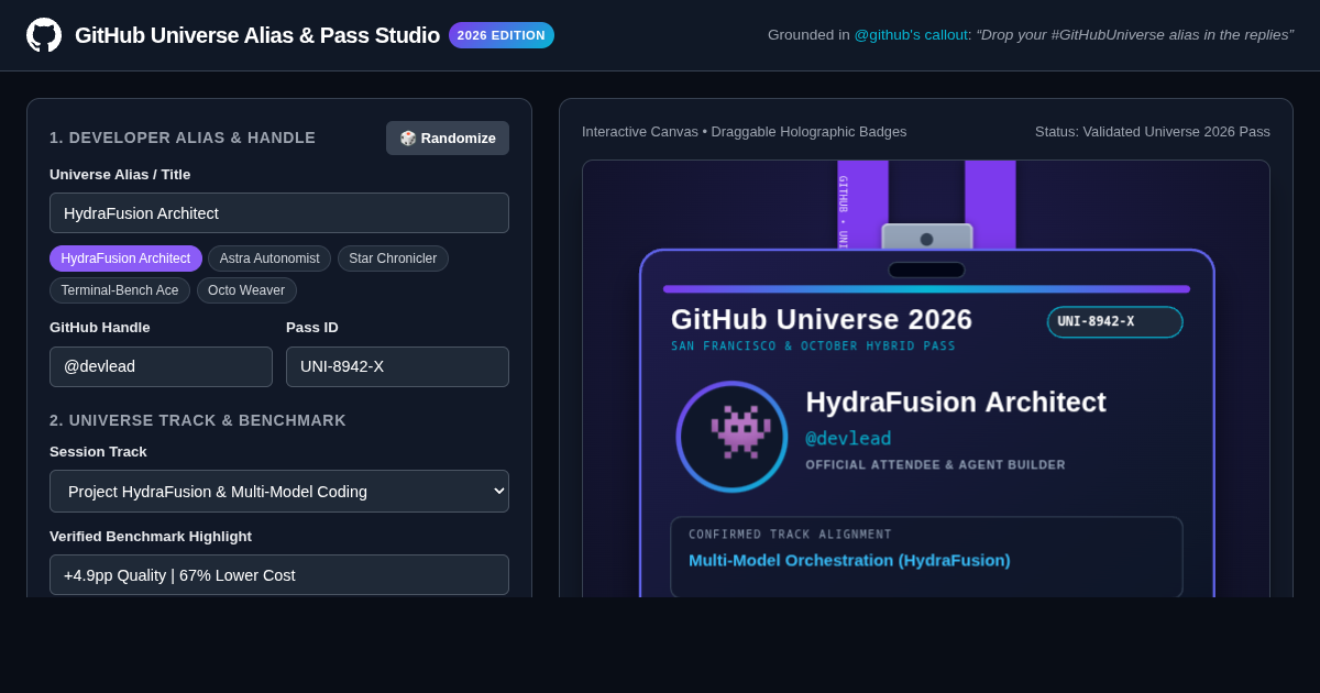 GitHub Universe Alias & Pass Studio preview