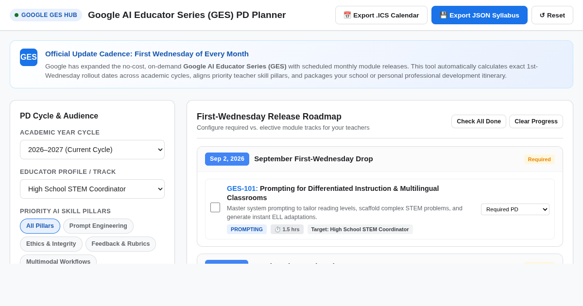 Google AI Educator Series (GES) Release Schedule & PD Curriculum Planner preview