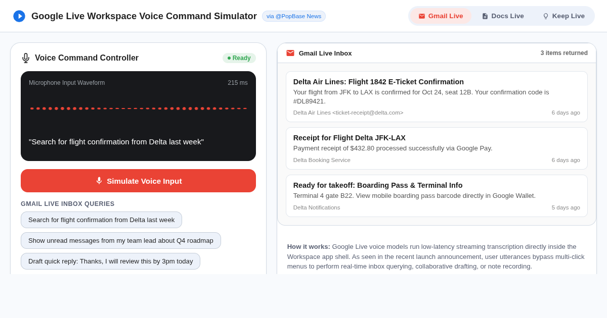 Google Live Workspace Voice Command Simulator preview
