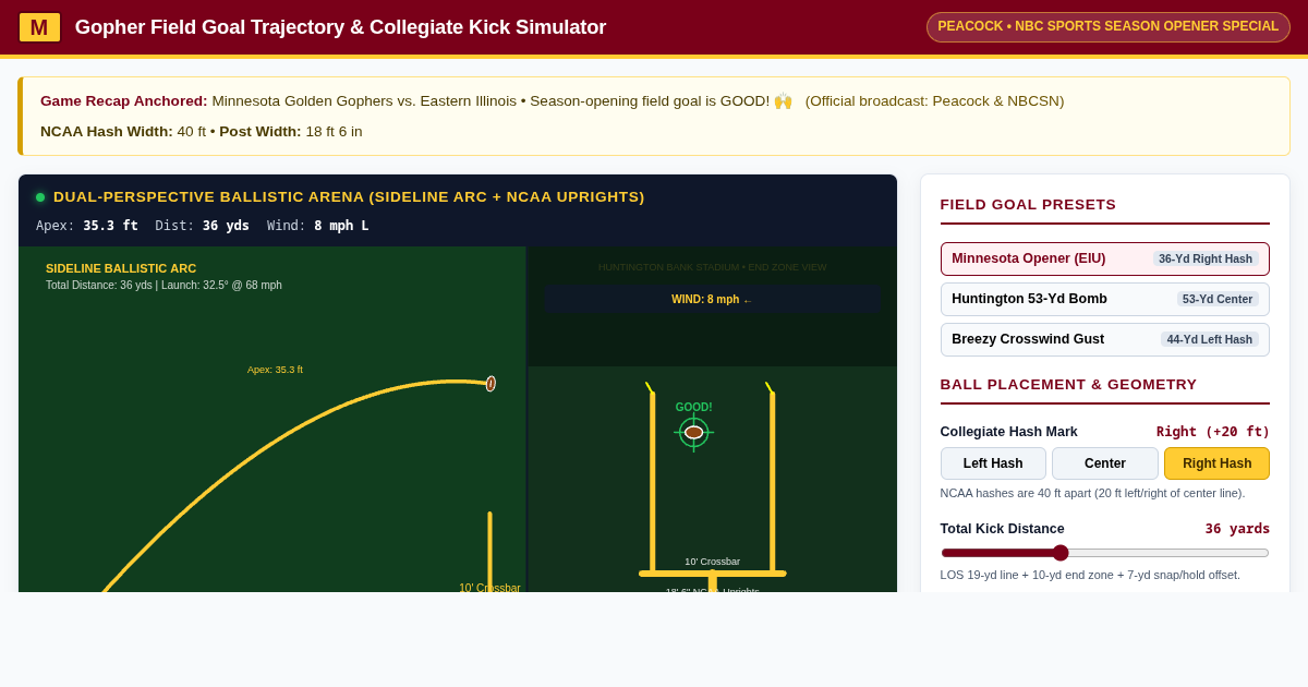 Gopher Field Goal Trajectory & Collegiate Kick Simulator preview