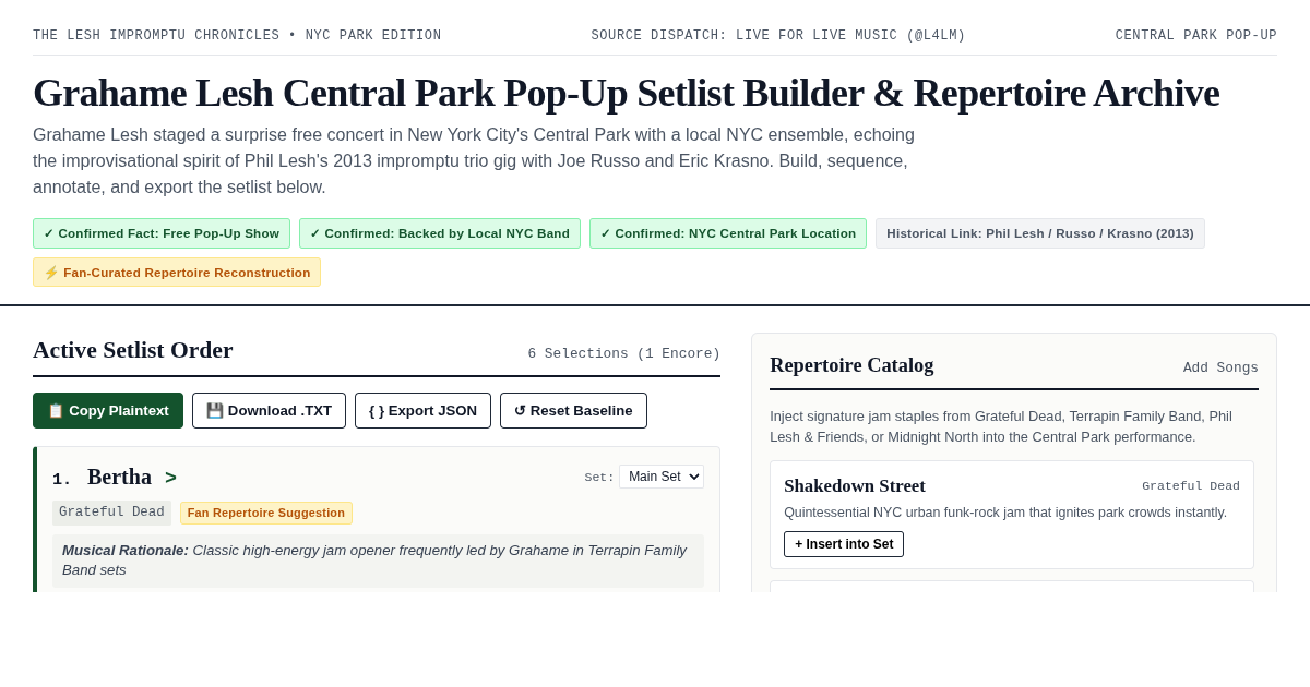 Grahame Lesh Central Park Pop-Up Setlist Builder & Repertoire Archive preview