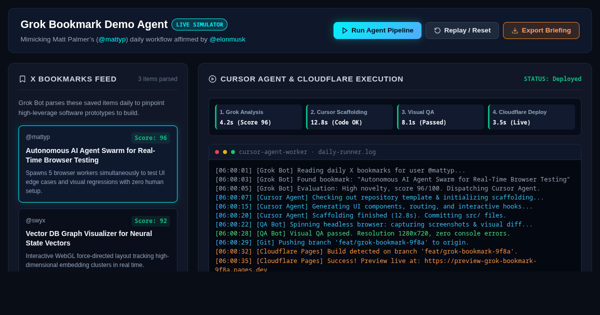 Grok Bookmark Demo Agent Pipeline Simulator preview