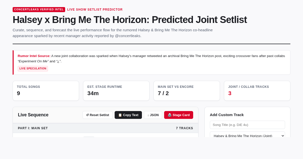 Halsey x Bring Me The Horizon | Predicted Collaboration Setlist Builder preview