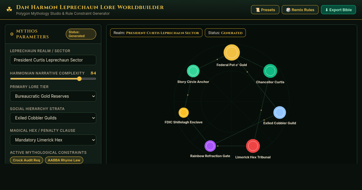 Dan Harmon Leprechaun Lore Worldbuilder & Rule Generator preview