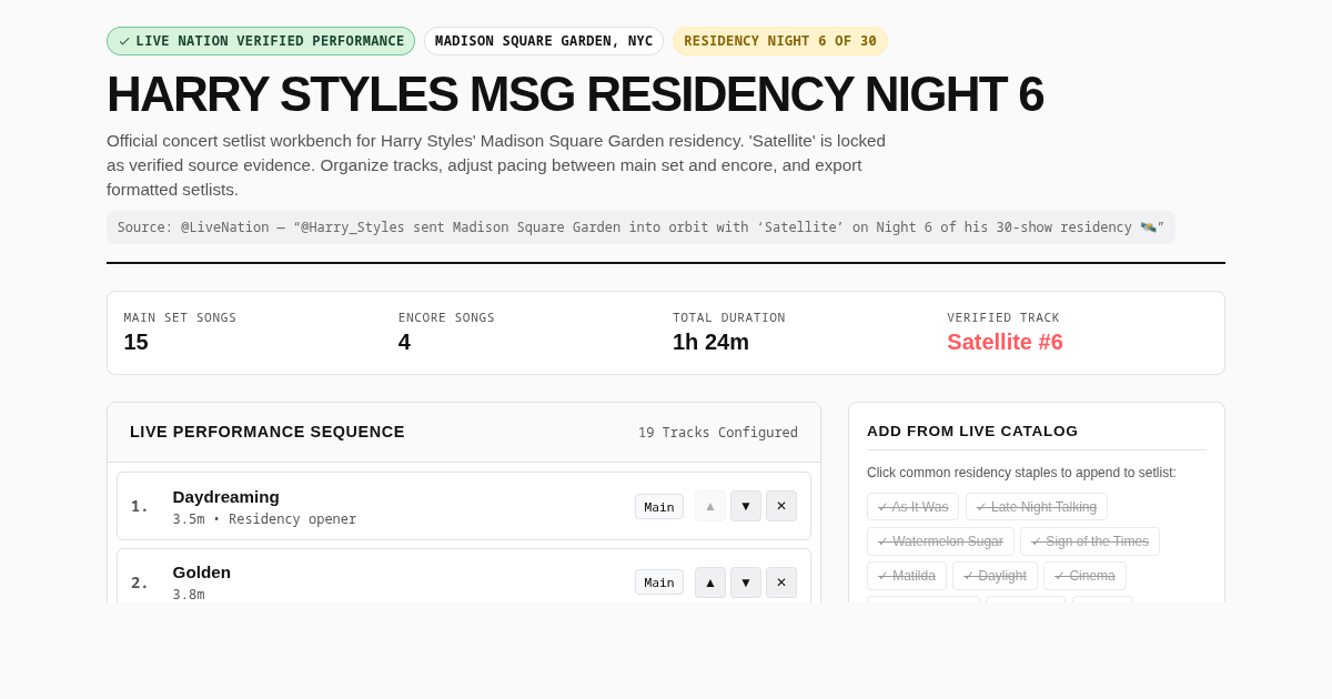 Harry Styles MSG Residency Night 6 Setlist Workbench preview