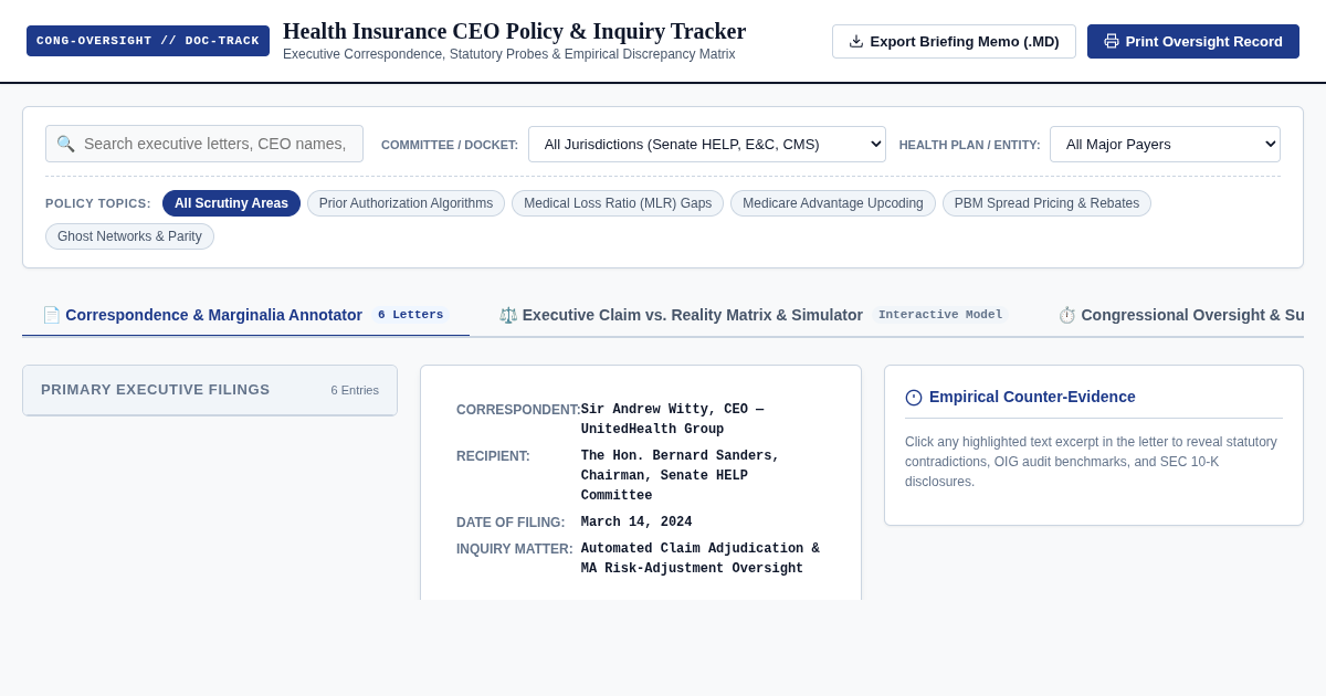 Health Insurance CEO Policy & Inquiry Tracker: Executive Oversight & Rhetoric Analyzer preview