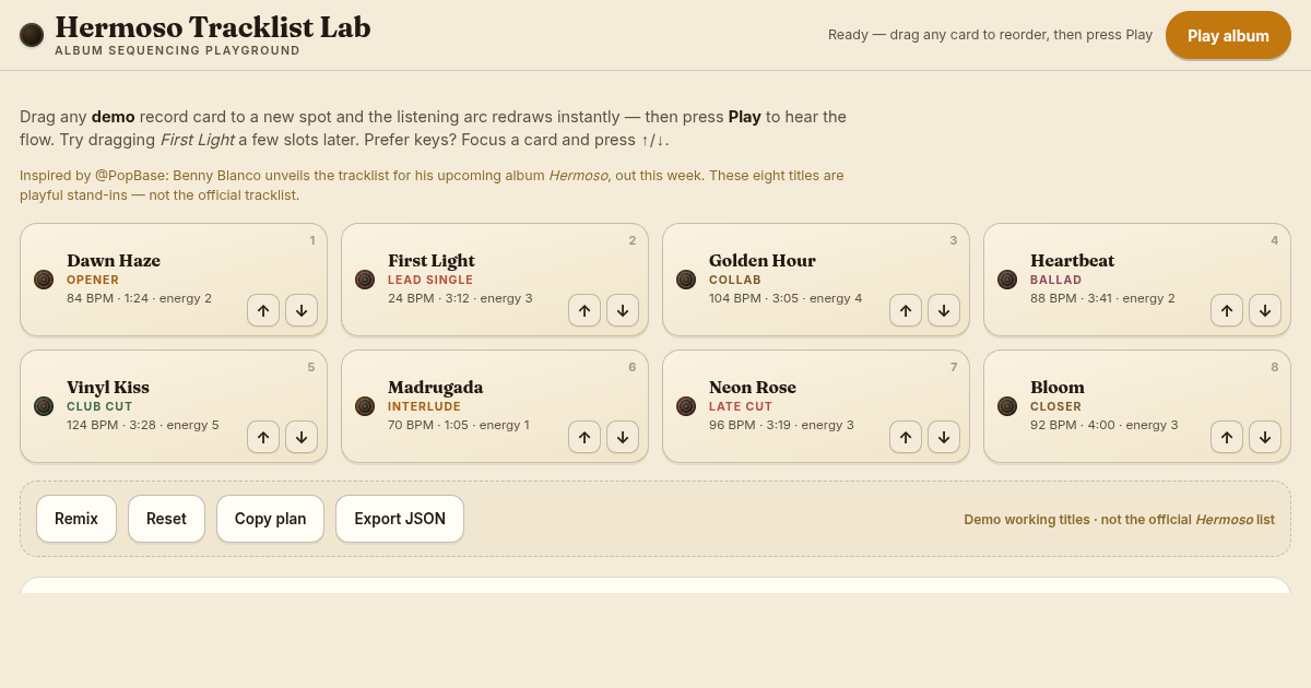 Hermoso Tracklist Lab — Album Sequencing Playground preview