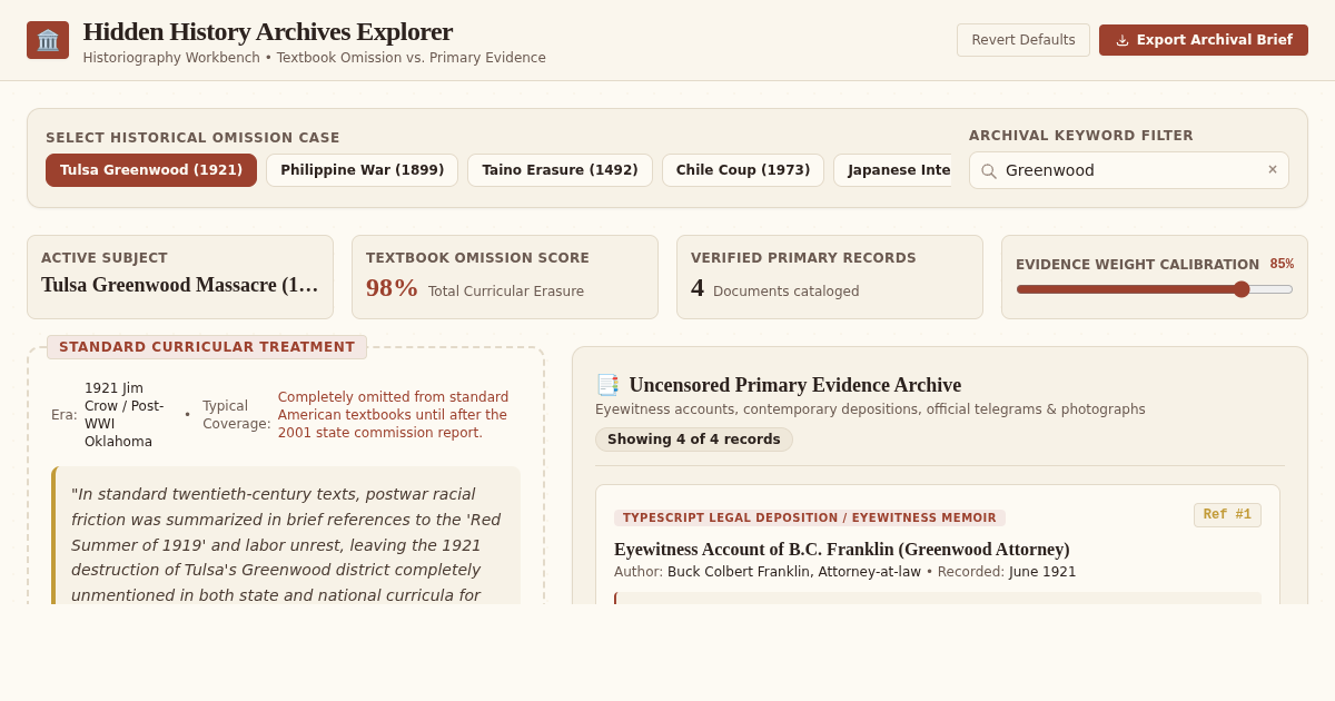 Hidden History Archives Explorer | Historiography & Primary Evidence preview
