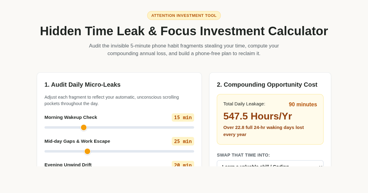 Hidden Time Leak & Focus Investment Calculator preview