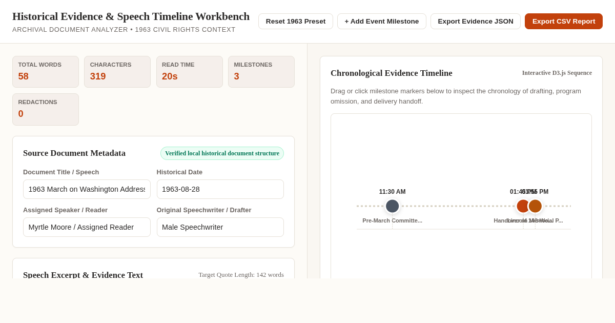 Historical Evidence & Speech Timeline Workbench preview