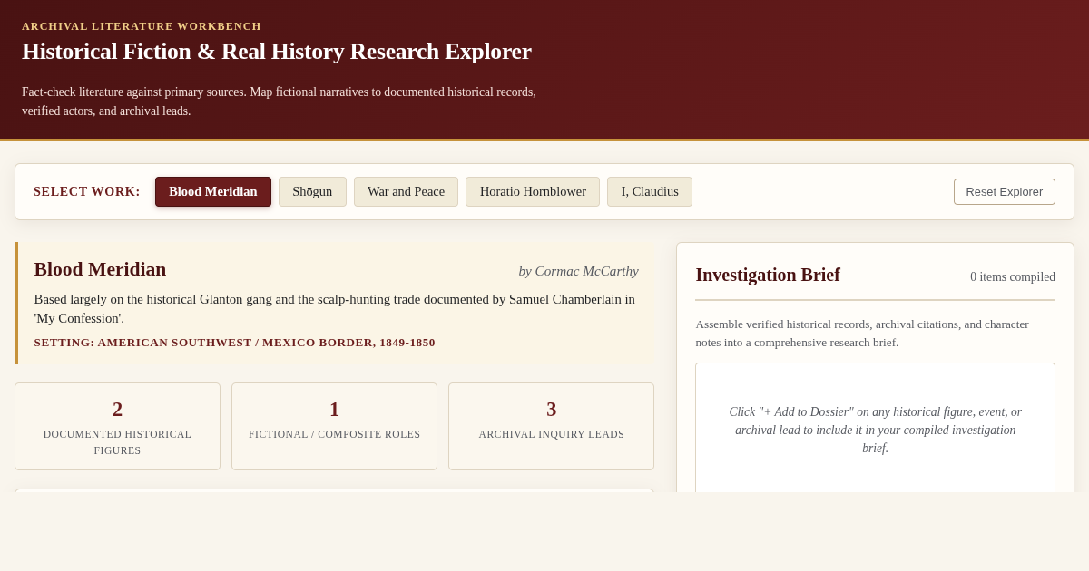 Historical Fiction & Real History Research Explorer preview