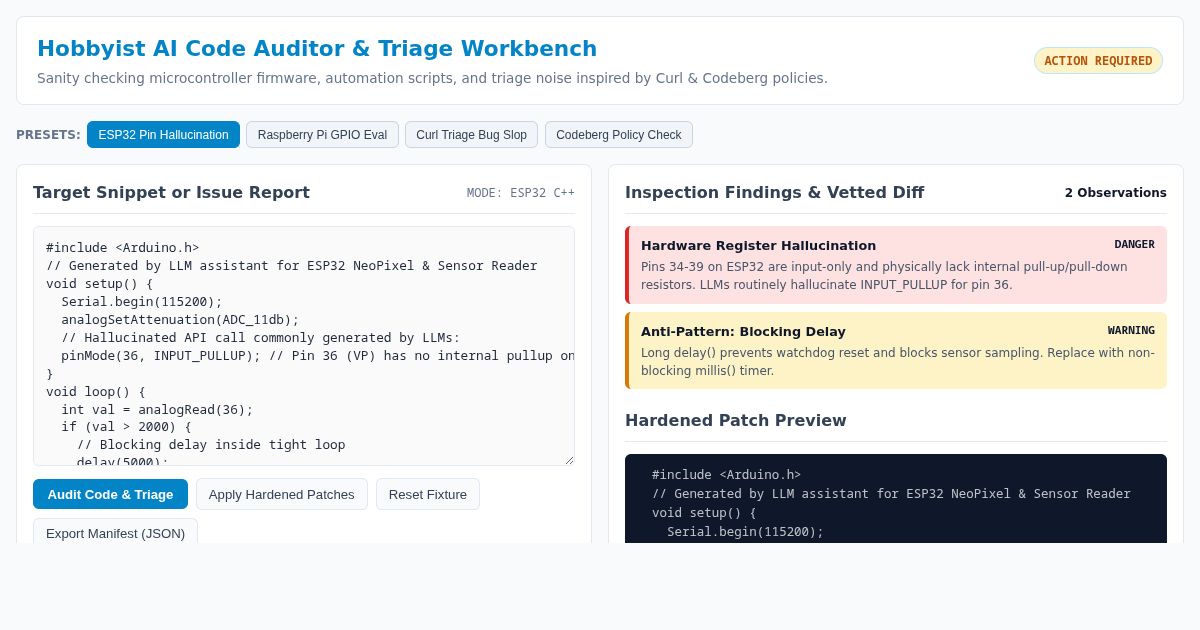 Hobbyist AI Code Auditor & Triage Workbench preview