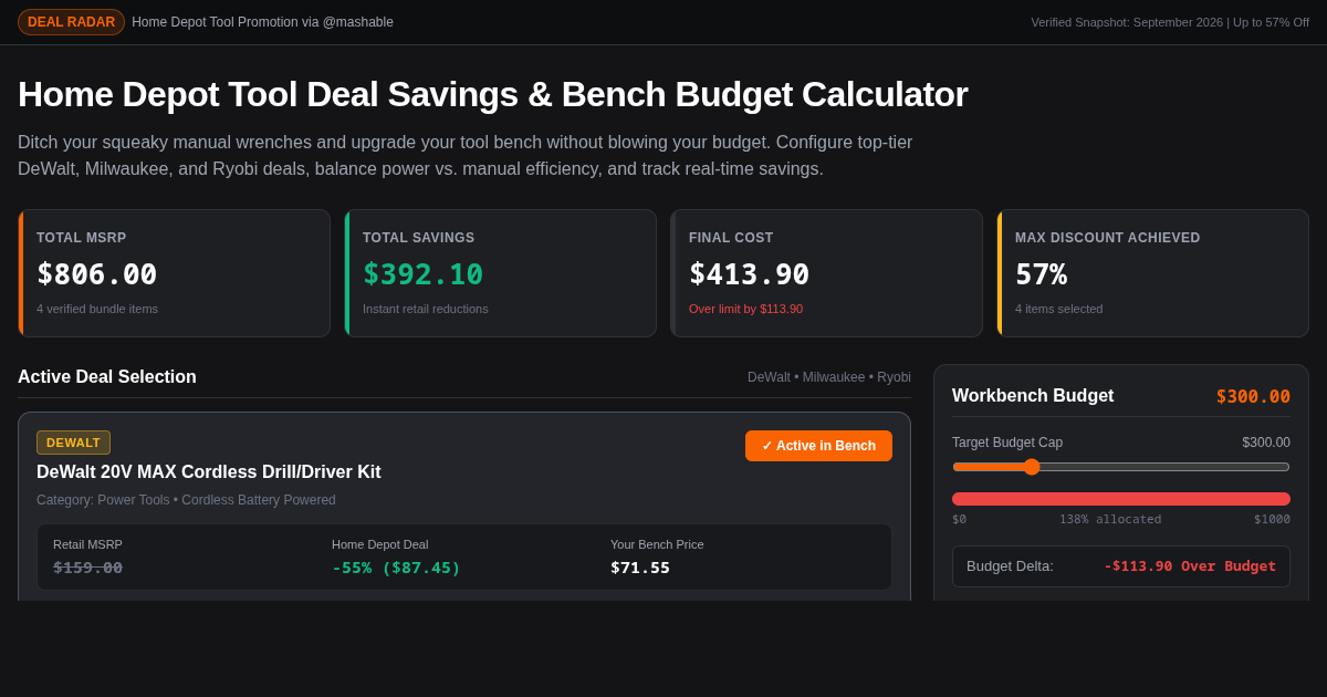 Home Depot Tool Deal Savings & Bench Budget Calculator preview