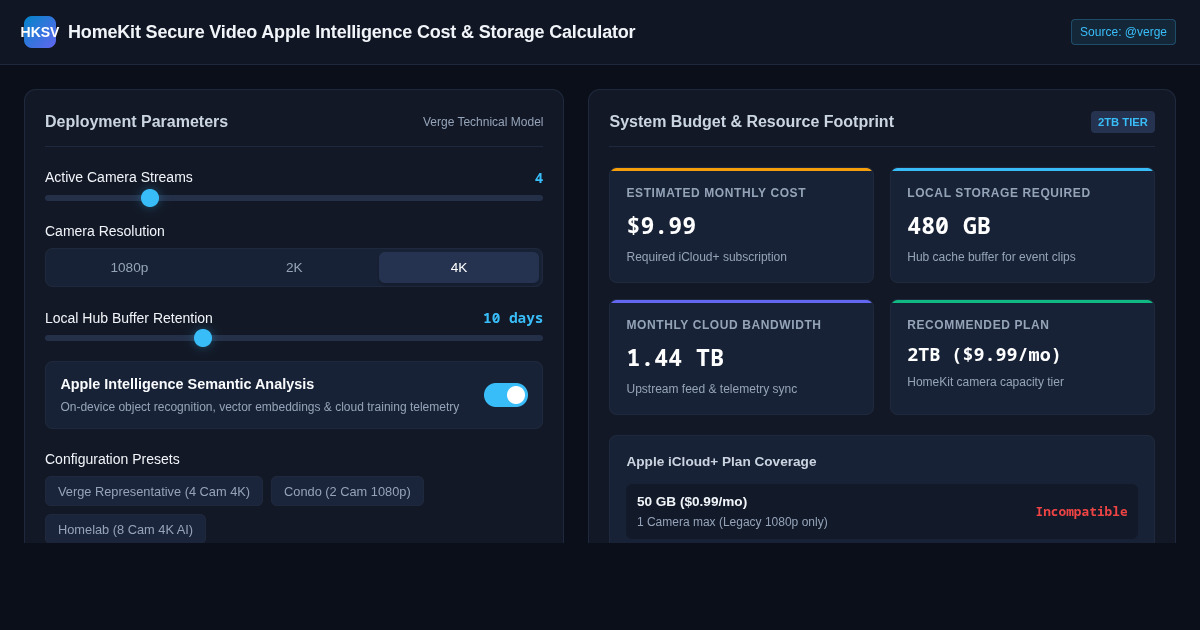HomeKit Secure Video Apple Intelligence Cost & Storage Calculator preview