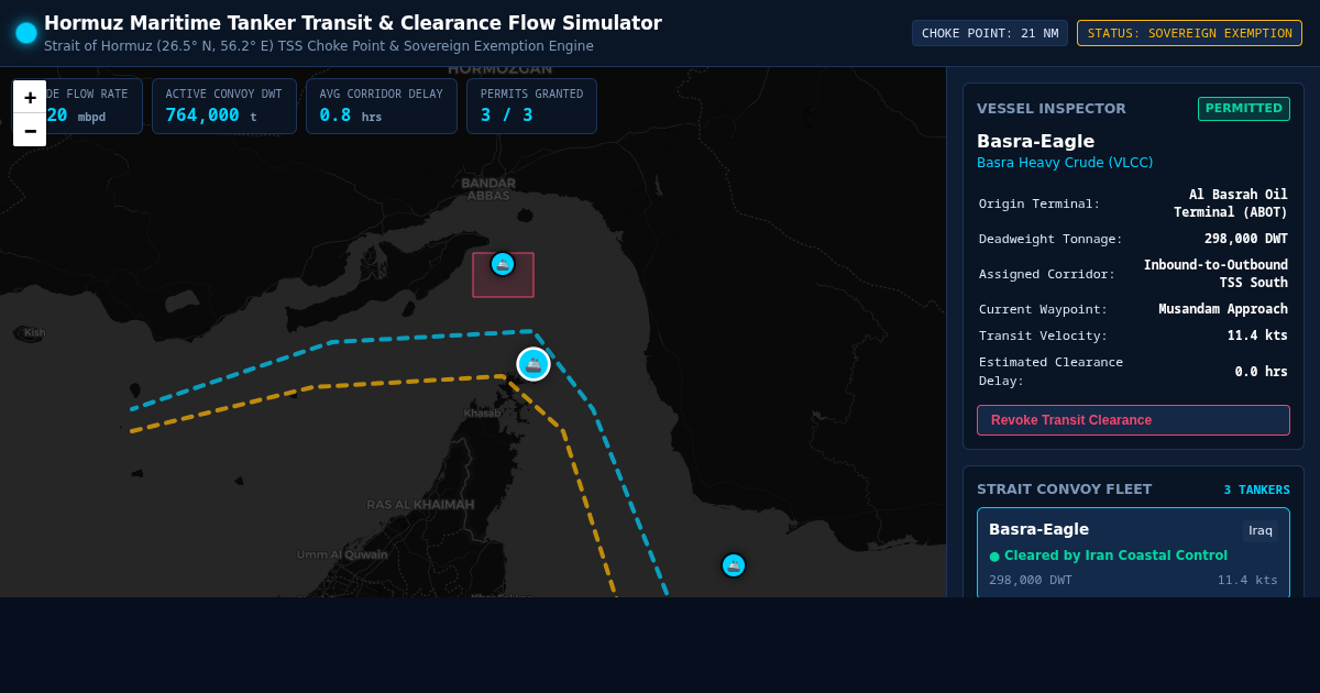 Hormuz Maritime Tanker Transit & Clearance Flow Simulator preview