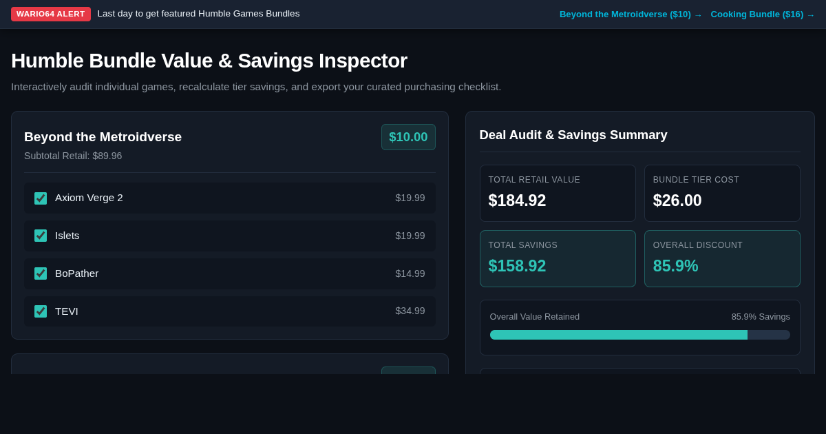 Humble Bundle Value & Savings Inspector preview