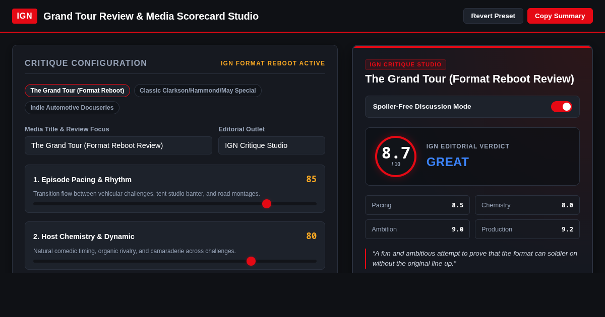 IGN Grand Tour Review & Media Scorecard Studio preview