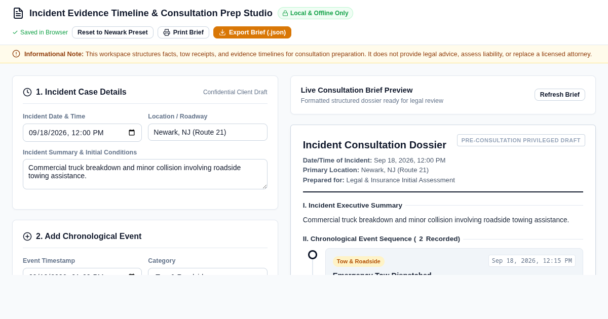 Incident Evidence Timeline & Consultation Prep Studio preview