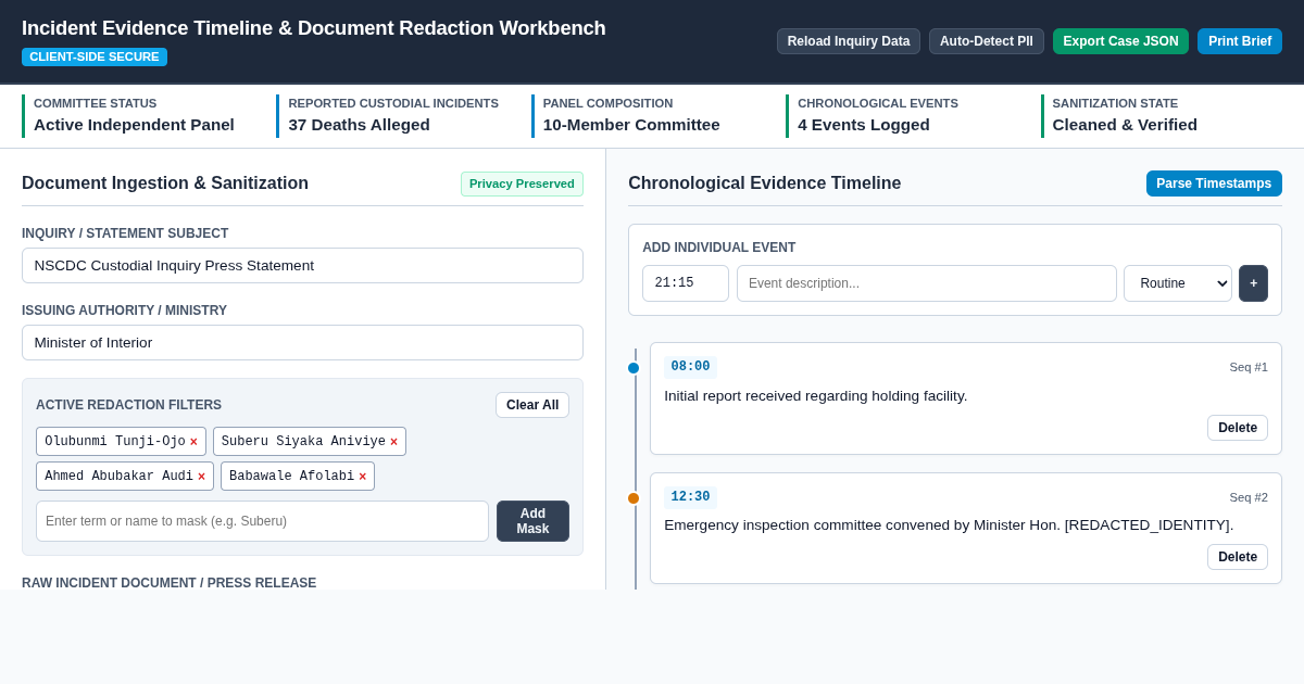 Incident Evidence Timeline & Document Redaction Workbench preview