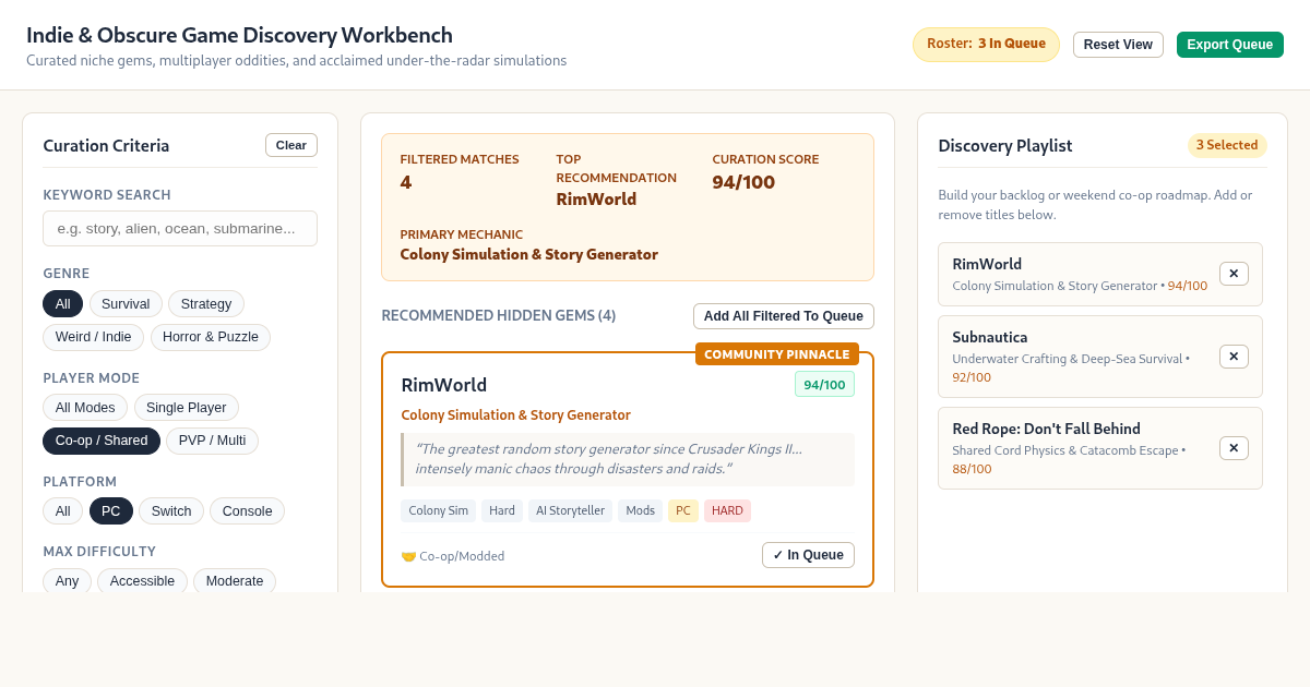 Indie & Obscure Game Discovery Workbench preview