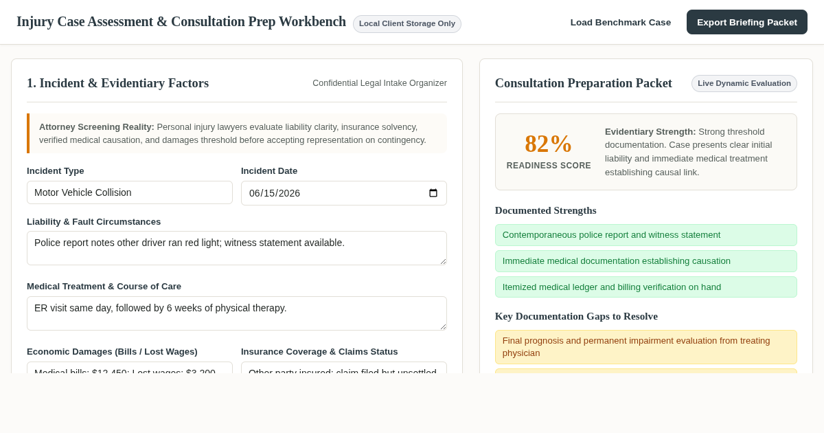 Injury Case Assessment & Consultation Prep Workbench preview