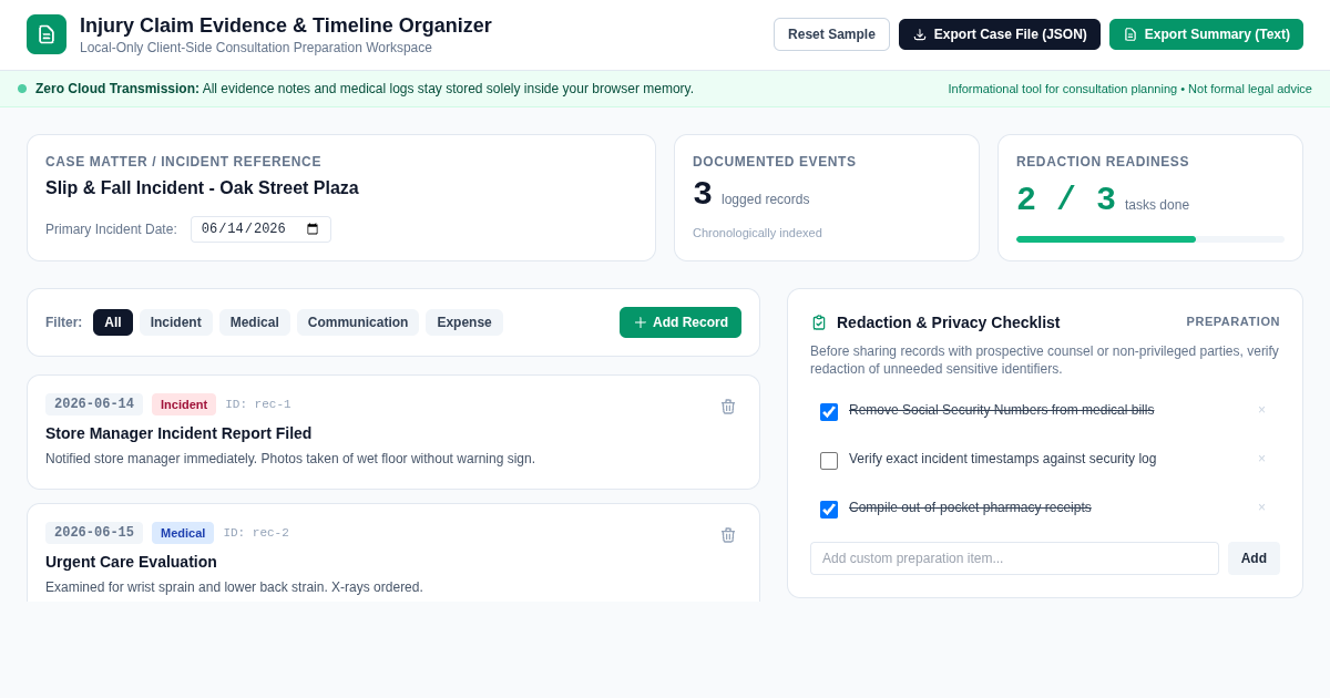 Injury Claim Evidence & Timeline Organizer preview