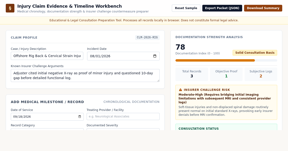 Injury Claim Documentation & Evidence Timeline Workbench preview
