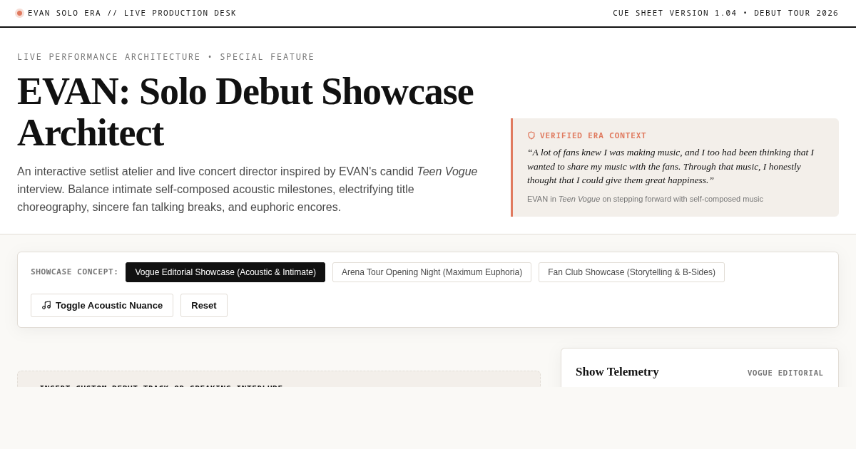 EVAN Solo Debut Showcase Planner & Live Setlist Studio preview