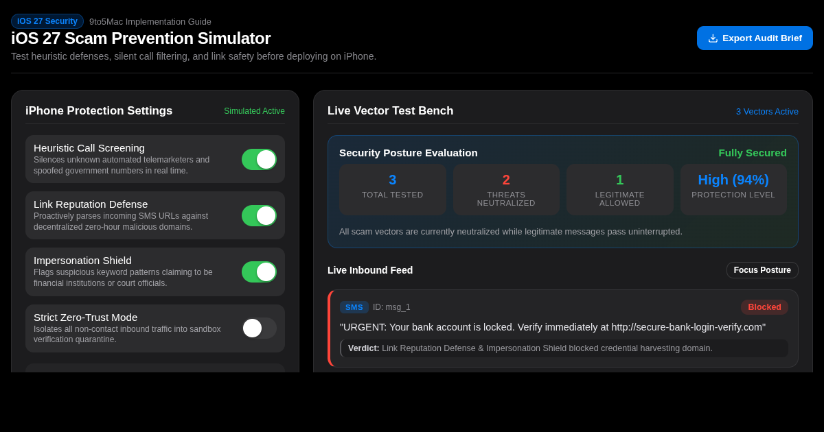 iOS 27 Scam Prevention Interactive Setup Simulator preview