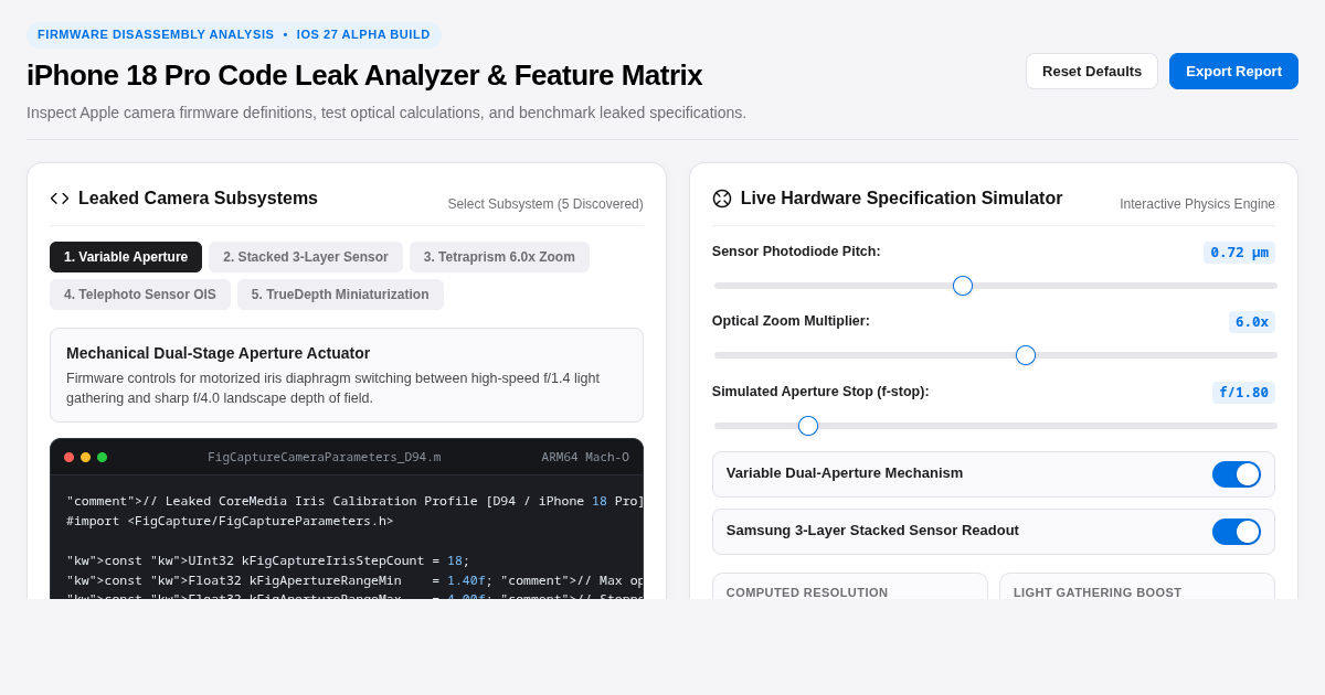 iPhone 18 Pro Code Leak Analyzer & Feature Matrix preview