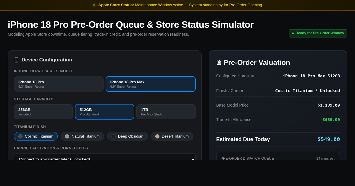 iPhone 18 Pro Pre-Order Queue & Store Status Simulator preview