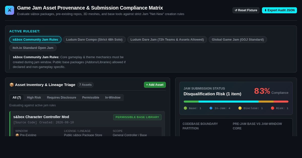 Game Jam Asset Provenance & Submission Compliance Matrix preview
