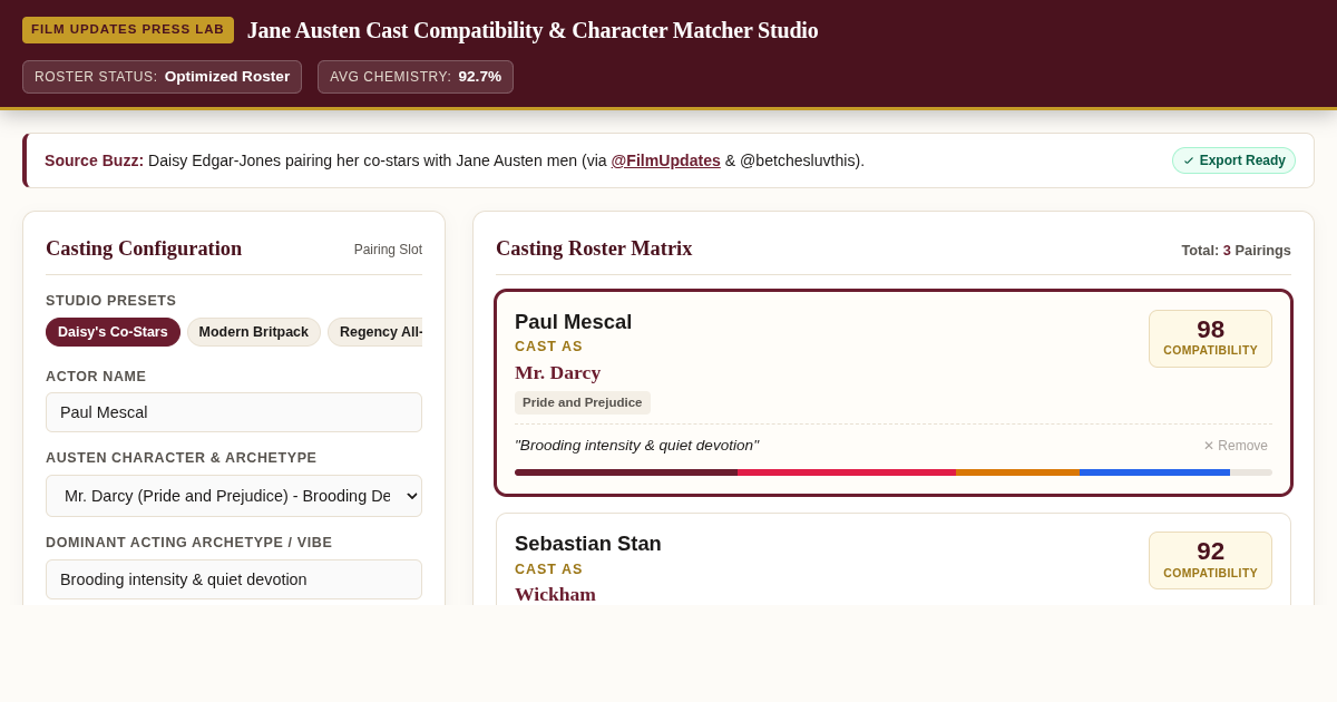 Jane Austen Cast Compatibility & Character Matcher Studio preview