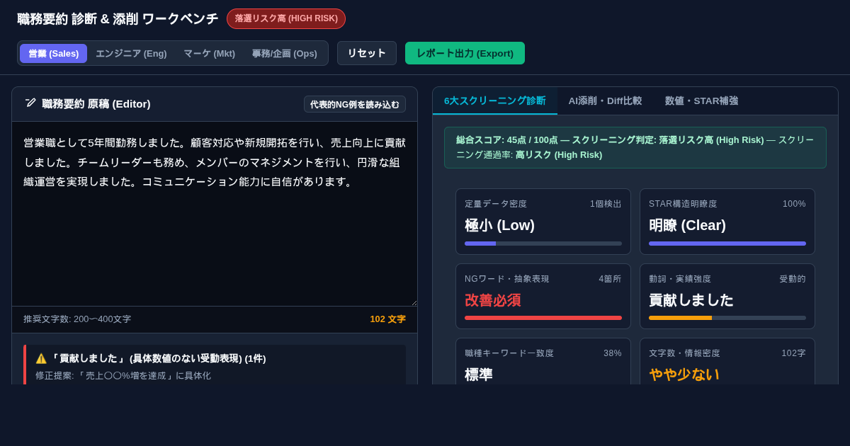 職務要約 診断 & 添削 ワークベンチ | Japanese Resume Summary Strength Analyzer preview