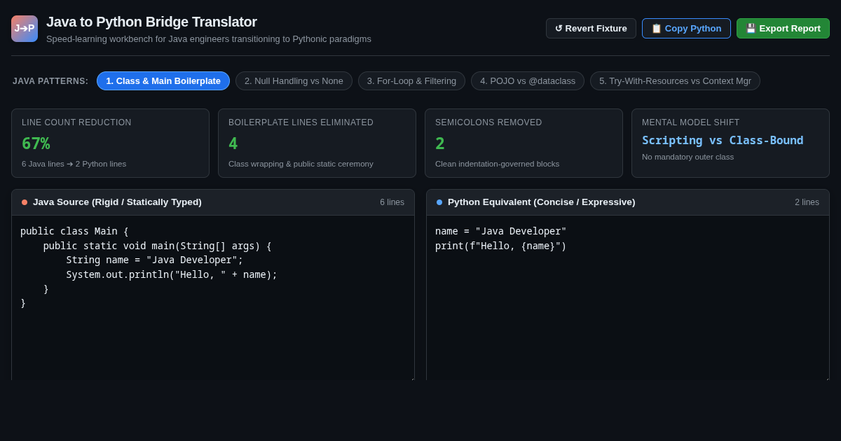 Java to Python Bridge Translator & Speed Learning Workbench preview