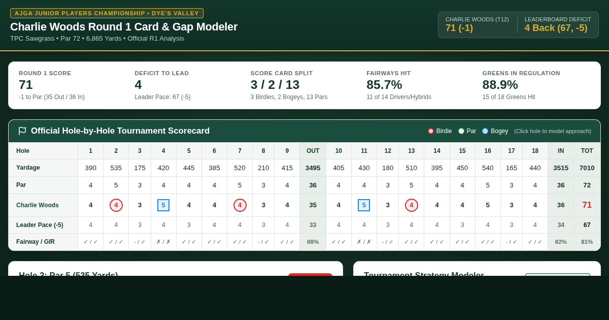 Junior Players Championship Round 1 Scorecard & Gap Modeler | Charlie Woods 71 (-1) preview