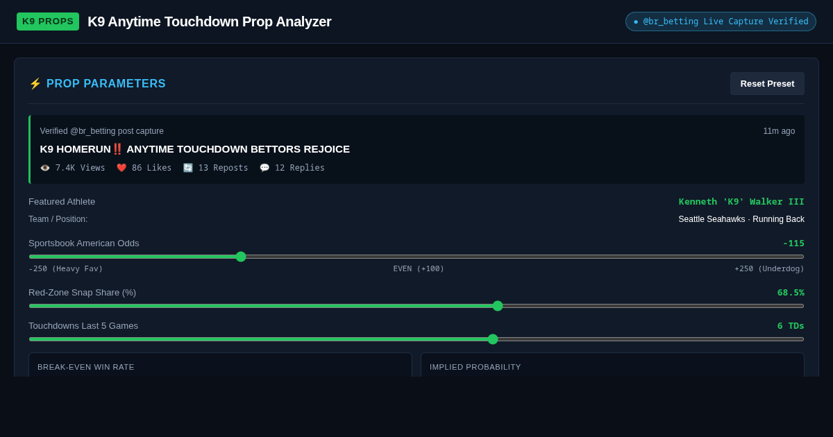 K9 Anytime Touchdown Prop Analyzer | @br_betting Stats Workbench preview