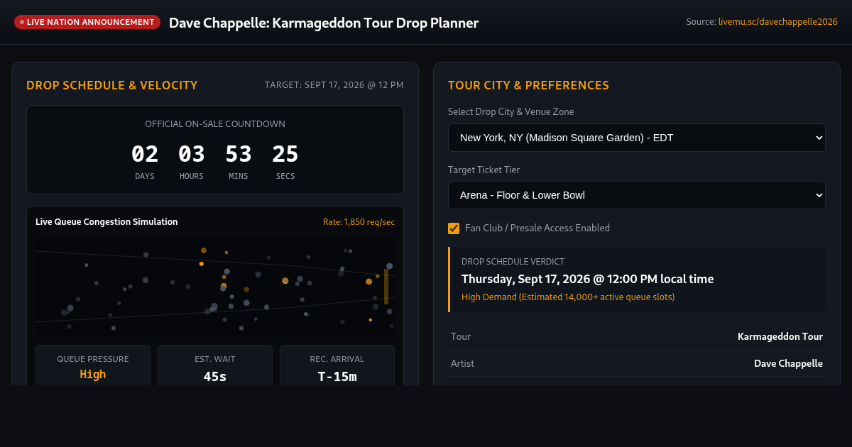 Dave Chappelle Karmageddon Tour On-Sale Drop Planner & Queue Simulator preview