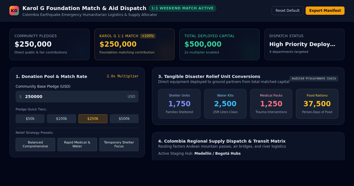 Karol G Foundation Earthquake Relief Match & Aid Logistics Planner preview