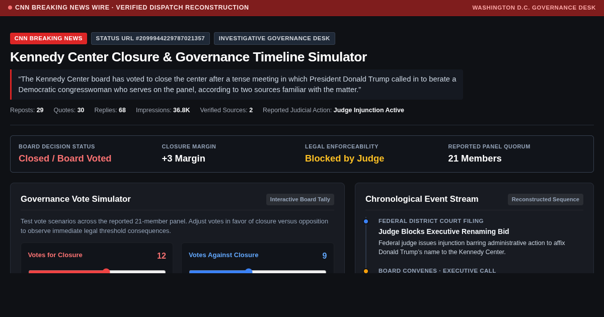 Kennedy Center Closure & Governance Timeline Simulator preview