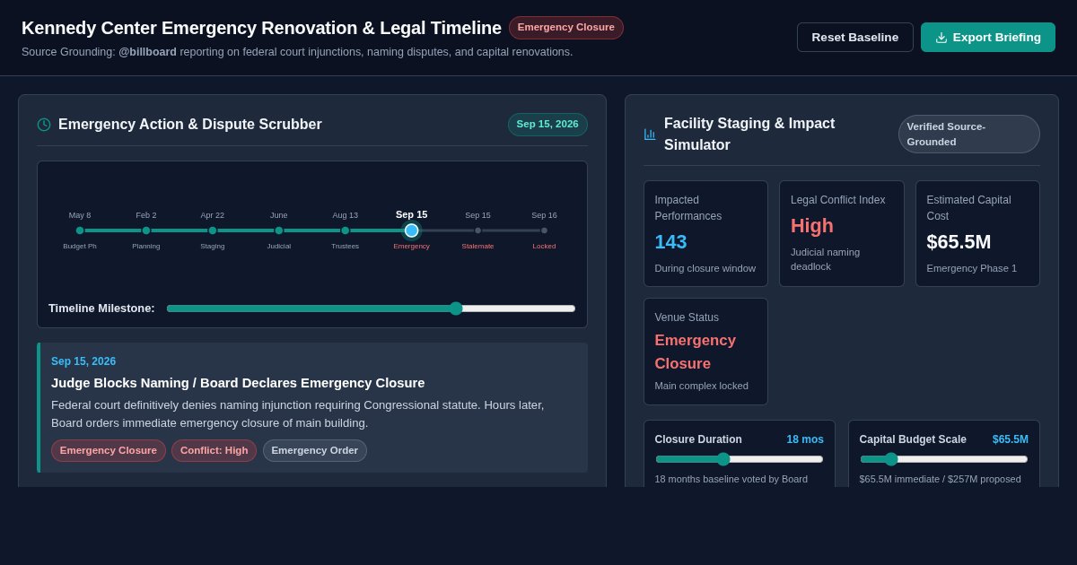Kennedy Center Emergency Renovation & Legal Timeline Explorer preview