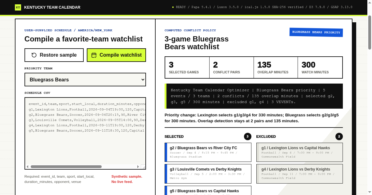 Kentucky Team Calendar Optimizer preview