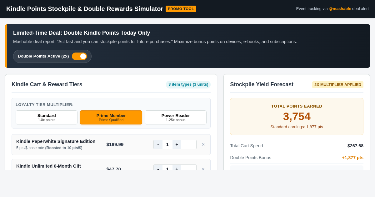 Kindle Points Stockpile & Double Rewards Simulator preview