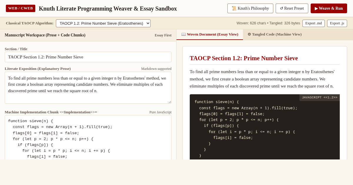 Knuth Literate Programming Weaver & Essay Sandbox preview