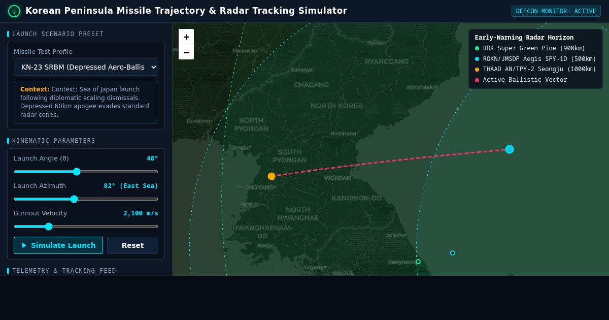 Korean Peninsula Missile Trajectory & Radar Tracking Simulator preview