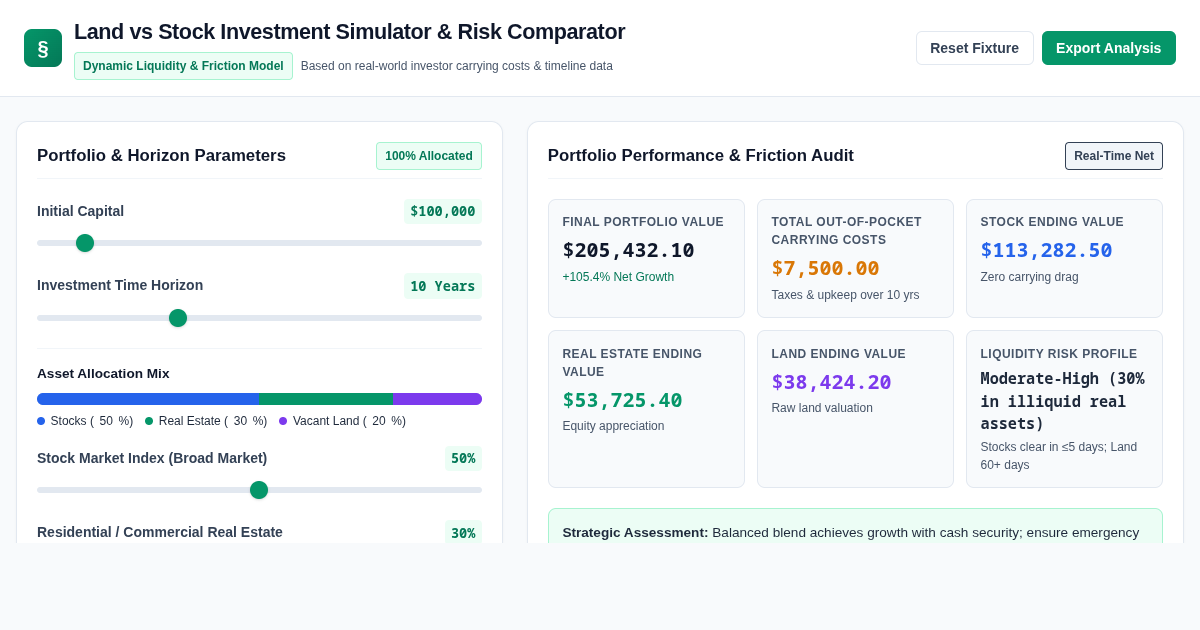 Land vs Stock Investment Simulator & Risk Comparator preview